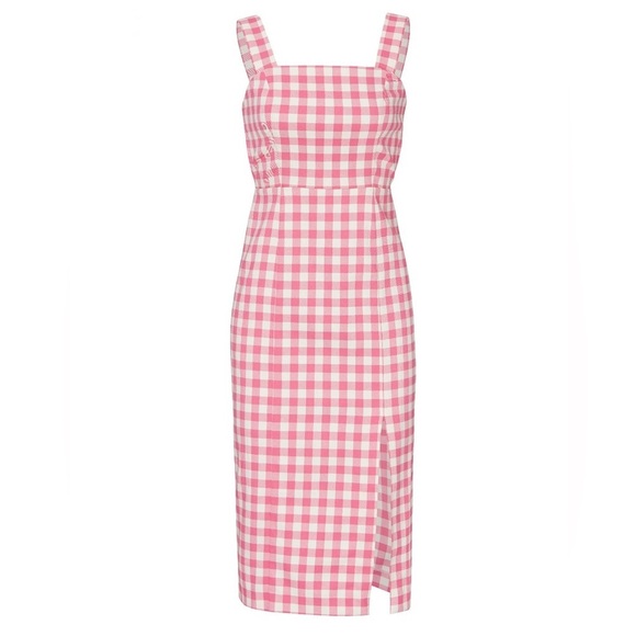 Finders Keepers Gingham Gigi Pink and White Midi Sheath Slit Dress Fuchsia Check - Picture 11 of 12